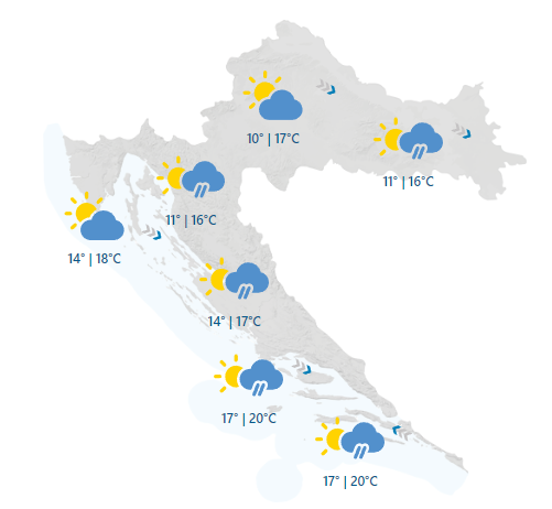 Četiri regije u žutom zbog jakog juga: U srijedu najprije oblaci i kiša pa slijedi razvedravanje