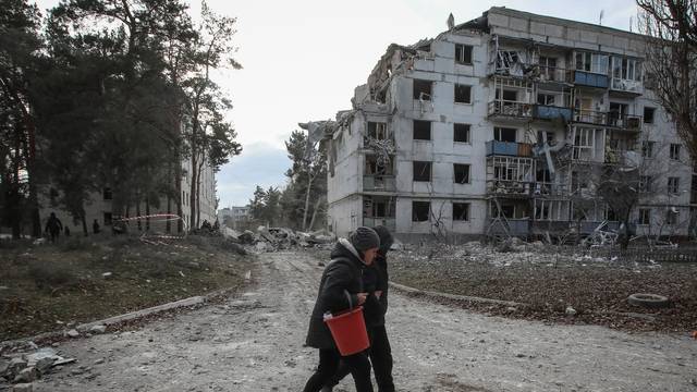A view shows a residential building damaged by a Russian missile strike near the town of Chuhuiv