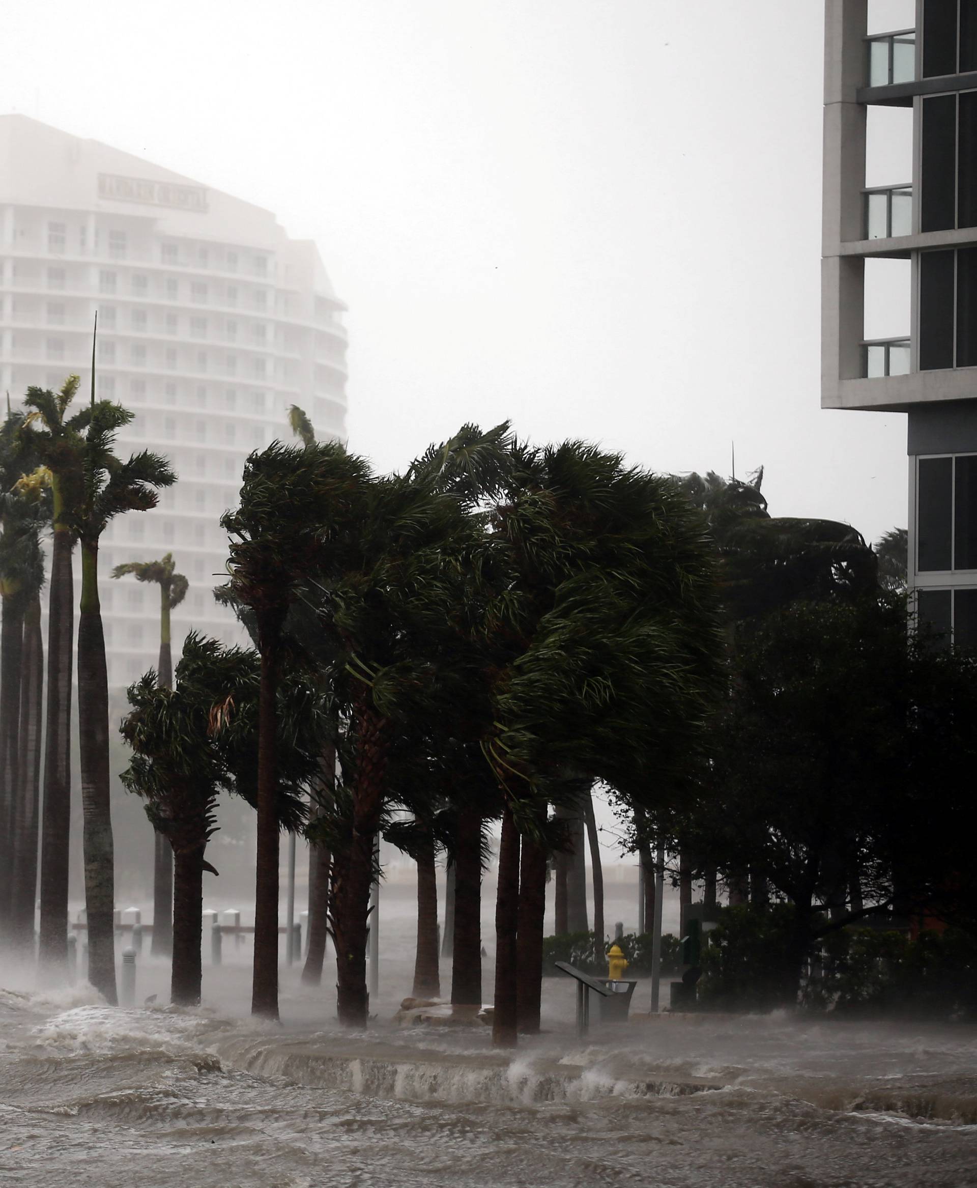 Water rises up to a sidewalk by the Miami river as Hurricane Irma arrives at south Florida, in downtown Miami, Florida, U.S.