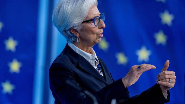 President of European Central Bank, Christine Lagarde, speaks during a news conference following a meeting of the governing council in Frankfurt