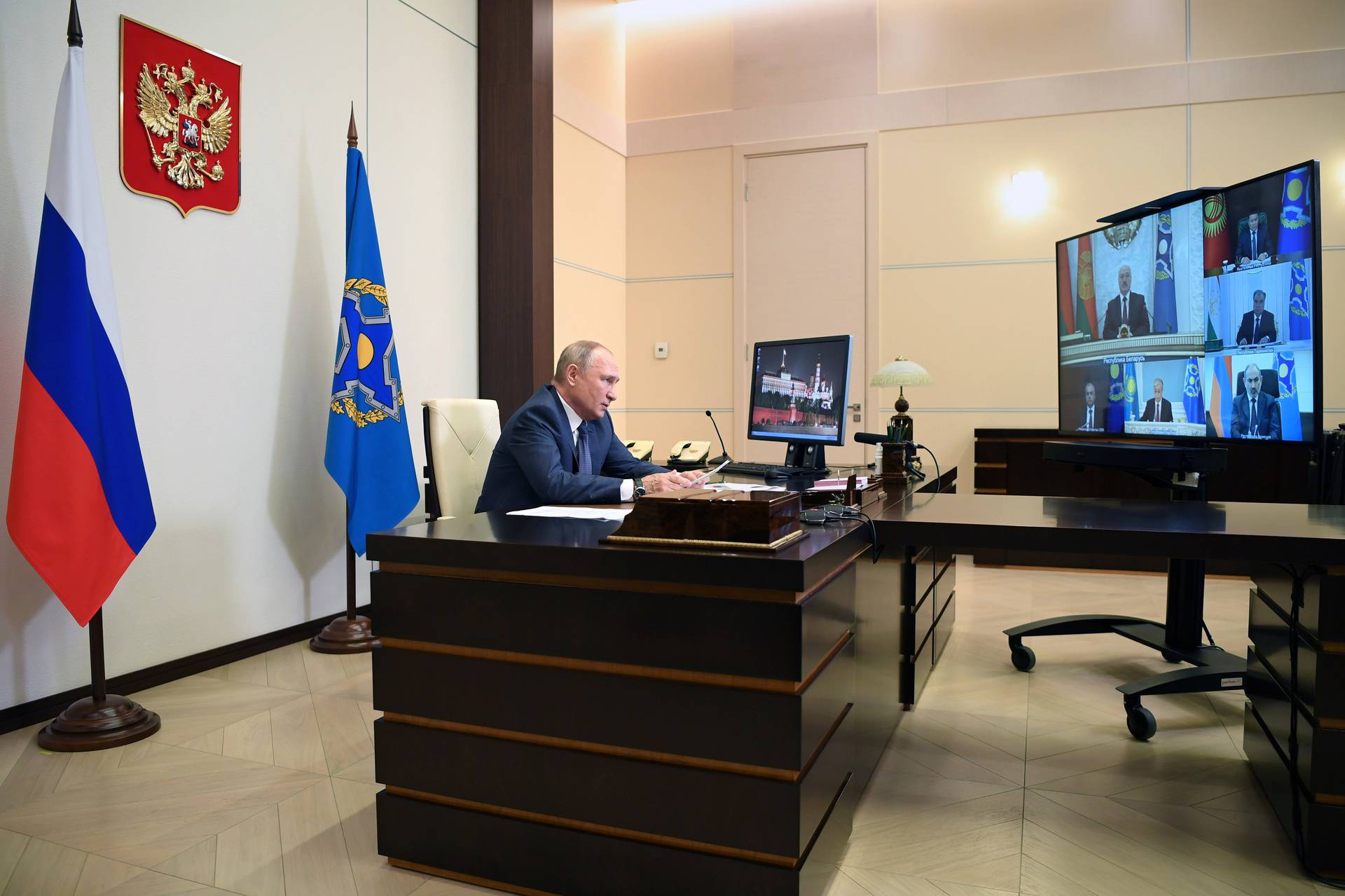 Russian President Putin attends a meeting of the Collective Security Treaty Organization (CSTO), via a video link outside Moscow