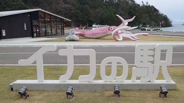Social media video grab of a giant squid statue built using coronavirus disease (COVID-19) subsidies in Noto, Japan