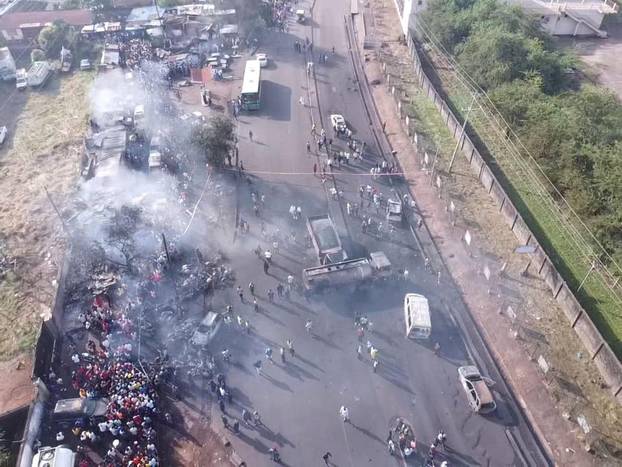 An accident scene is pictured after a fuel tanker explosion in Freetown