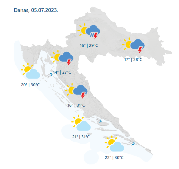 Grmljavinsko nevrijeme prijeti velikom dijelu zemlje. Upalili žuti alarm. Od petka 'pržiona'