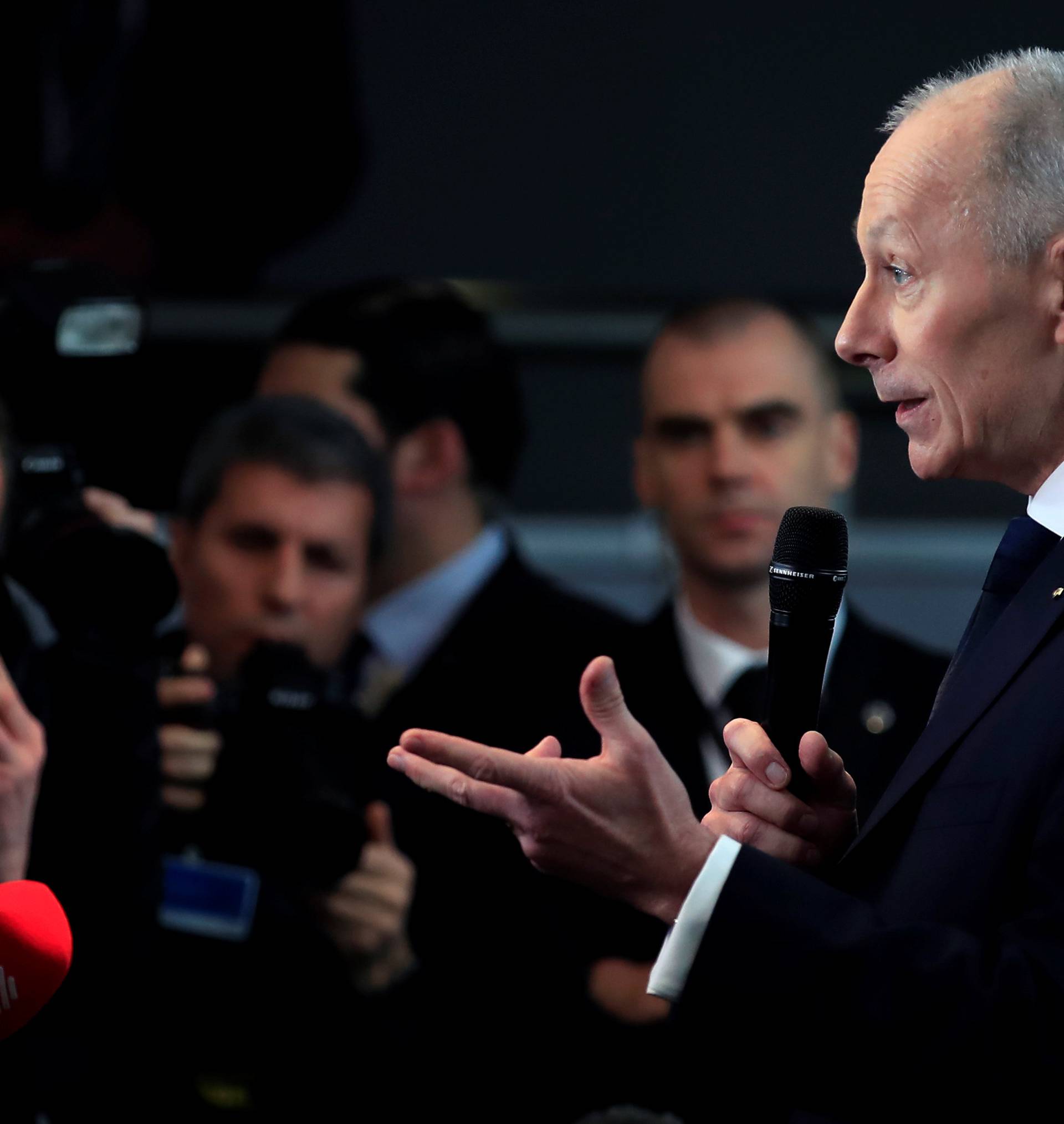 Thierry Bollore, CEO of Renault, talks to journalists after French carmaker Renault's 2018 annual results presentation at their headquarters in Boulogne-Billancourt