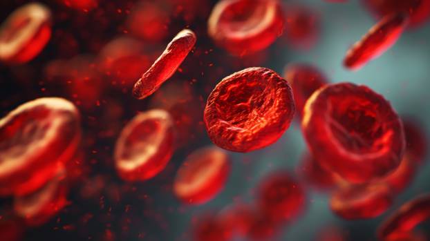 Erythrocytes red blood cells floating against dark backdrop. Medical illustration. Hematology concept. Generative AI