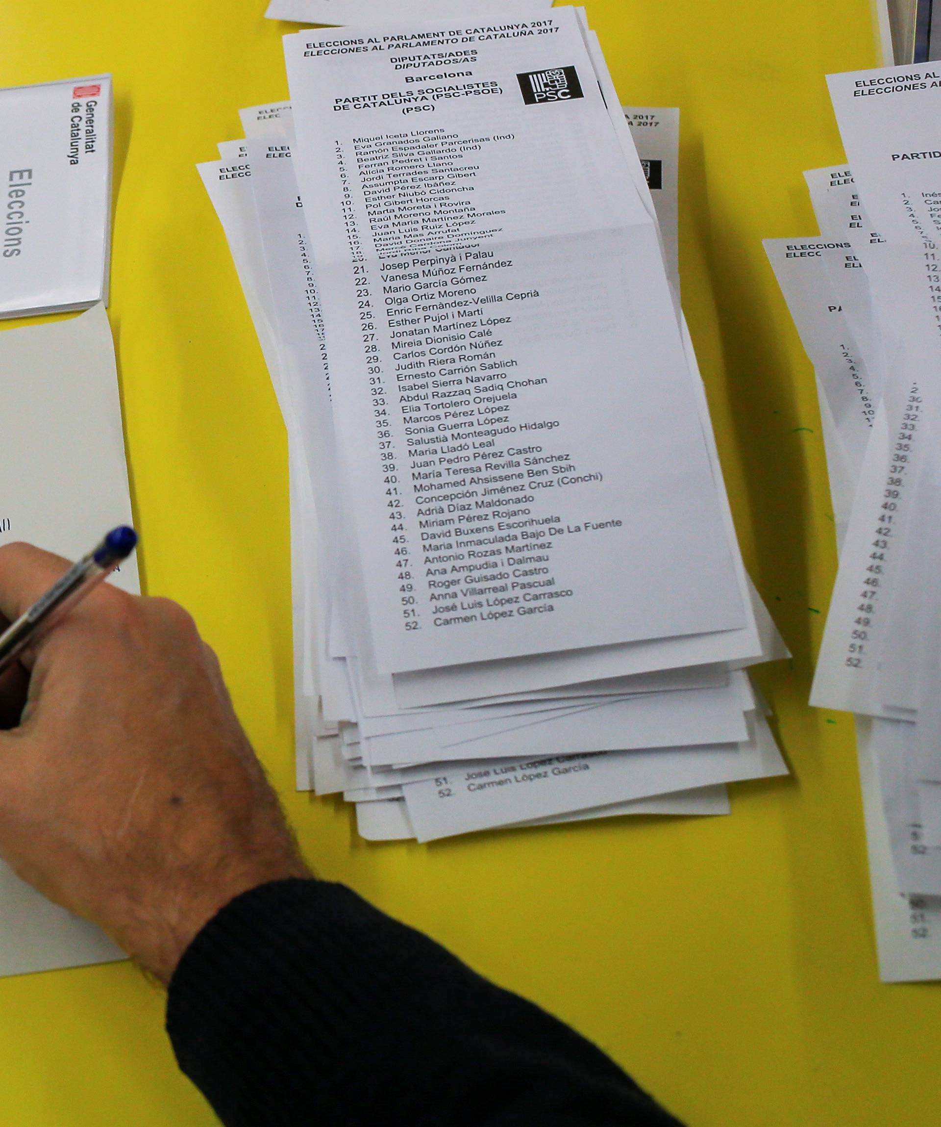 Ballots are counted after polls closed in Catalonia's regional elections at a polling station in Barcelona