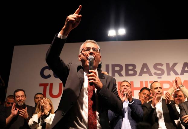New Turkish Cypriot leader Erhurman celebrates winning the Turkish Cypriot elections in divided capital Nicosia