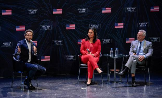 Robert F. Kennedy Jr. and Tulsi Gabbard campaign for Republican presidential nominee and former U.S. President Donald Trump during a moderated discussion with actor Zachary Levi in Dearborn