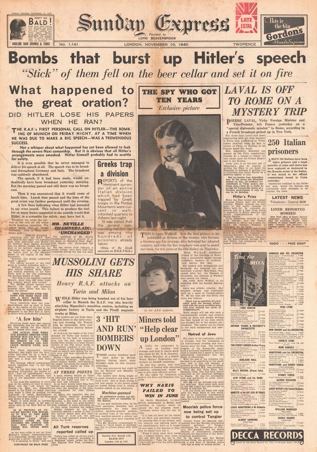 1940 front page Sunday Express RAF bomb Munich and German spy Anna Wolkoff sentenced to 10 years imprisonment