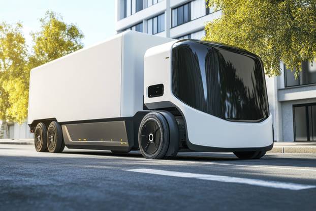 Futuristic autonomous delivery truck parked on a city street with modern architecture