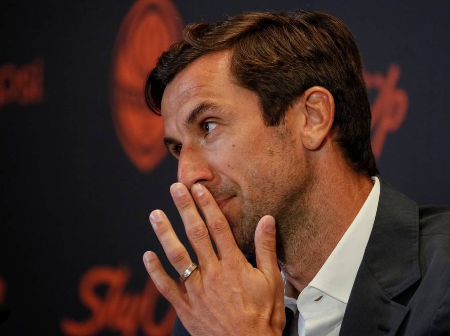 Former captain of Croatian national soccer team, Srna attends a news conference in Kiev