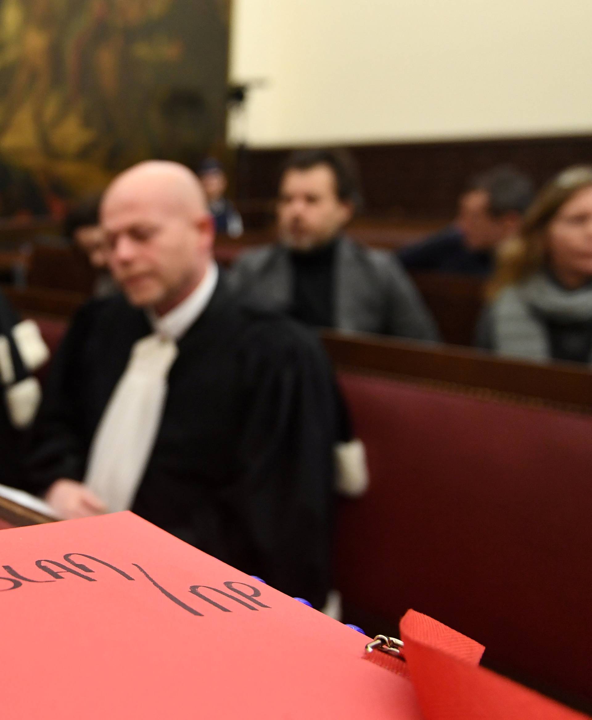Belgian lawyers representing Paris attacks suspect Salah Abdeslam Mary and Delcoigne look on in the courtroom prior to the opening of the trial of Salah Abdeslam in Brussels