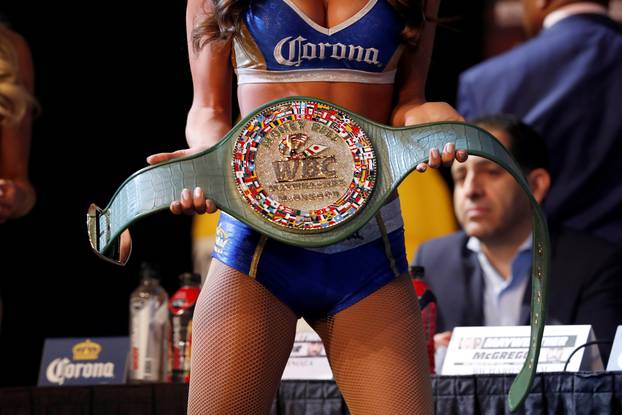 The WBC "Money Belt" is displayed during a news conference with undefeated boxer Floyd Mayweather Jr. of the U.S. and UFC lightweight champion Conor McGregor of Ireland in Las Vegas