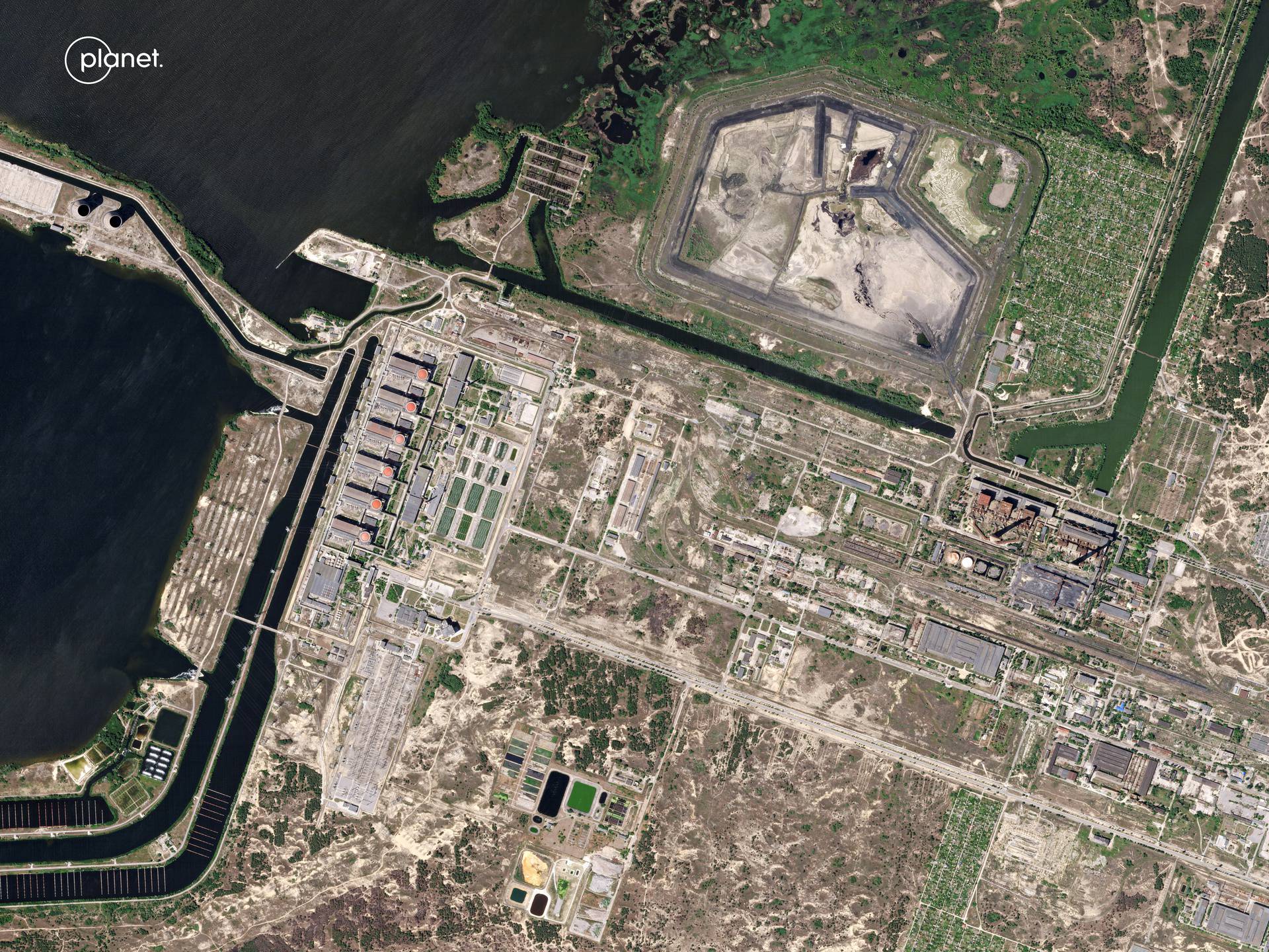 A satellite image shows the water level of the Dnipro river near the Zaporizhzhia Nuclear Power Plant