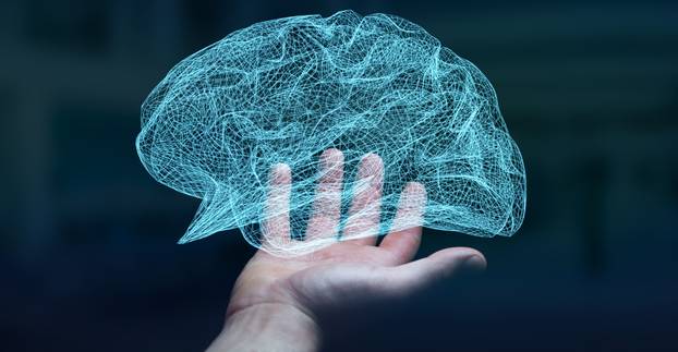 Businessman holding digital x-ray human brain in his hand 3D ren