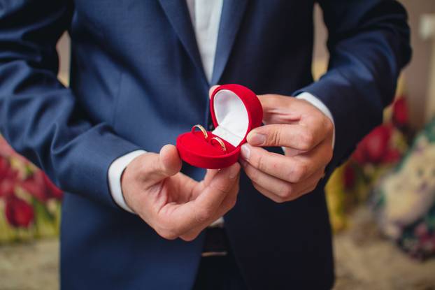 Wedding rings in groom's hand