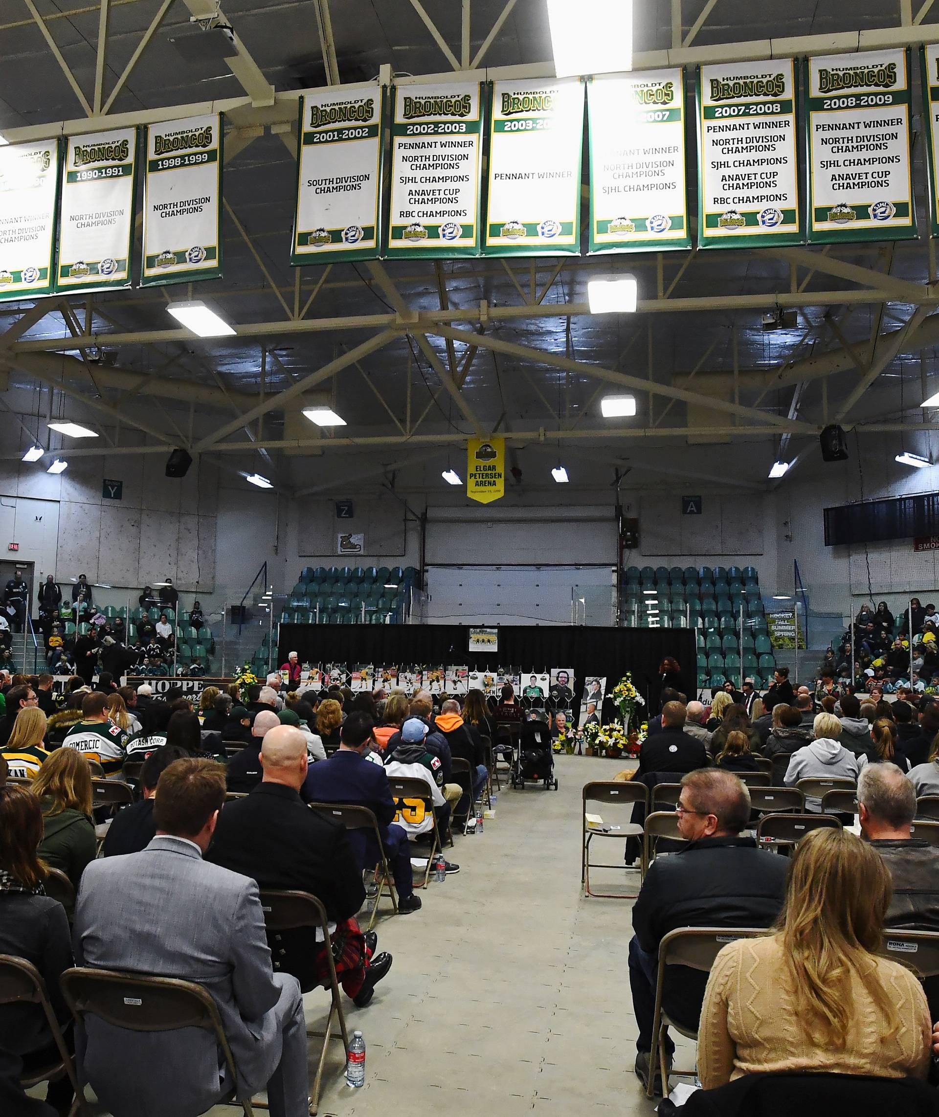Mourners attend a vigil at the Elgar Petersen Arena, home of the Humboldt Broncos, to honour the victims of a fatal bus accident in Humboldt