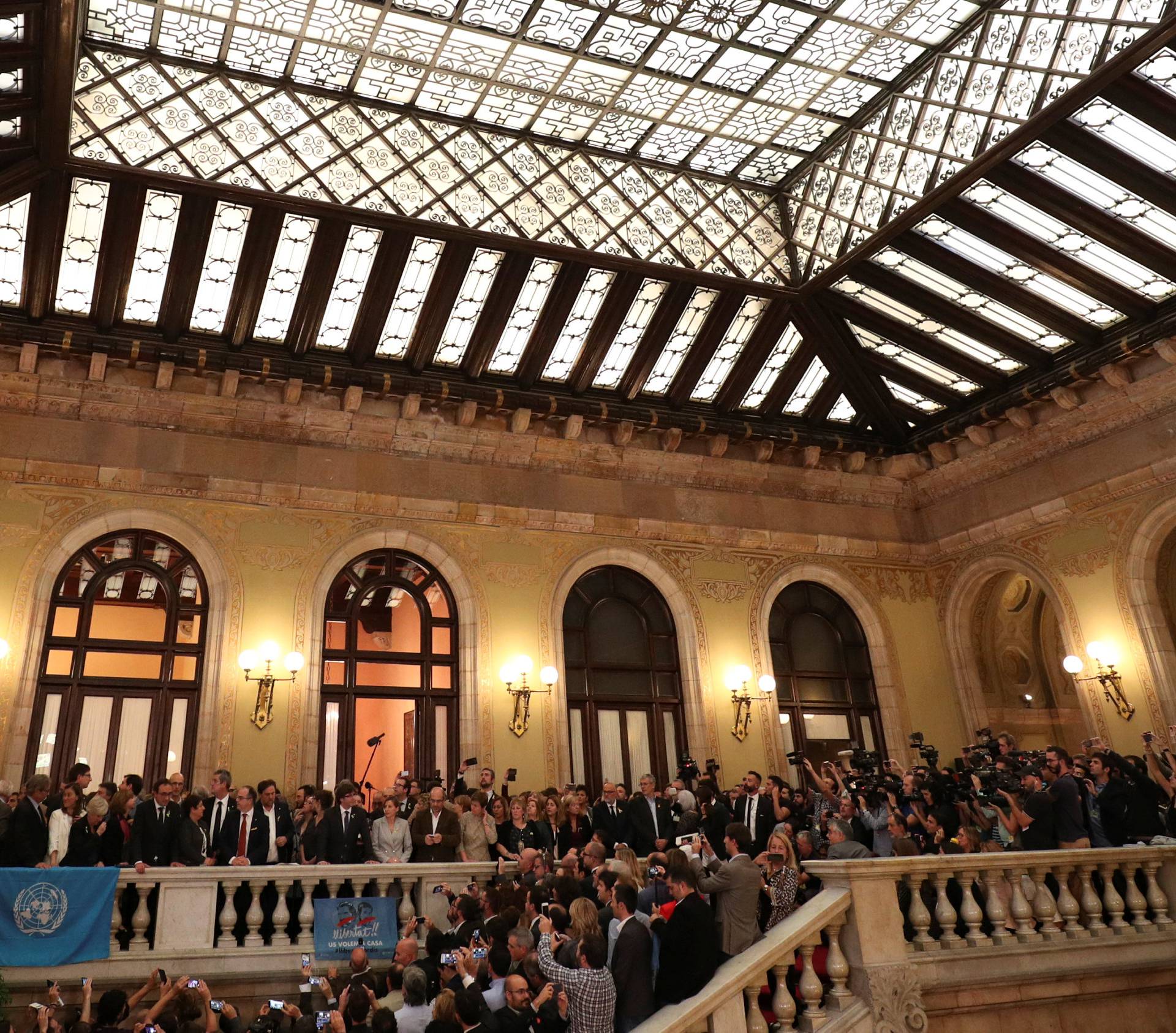 Catalan government members make remarks after the Catalan regional Parliament declared independence from Spain in Barcelona