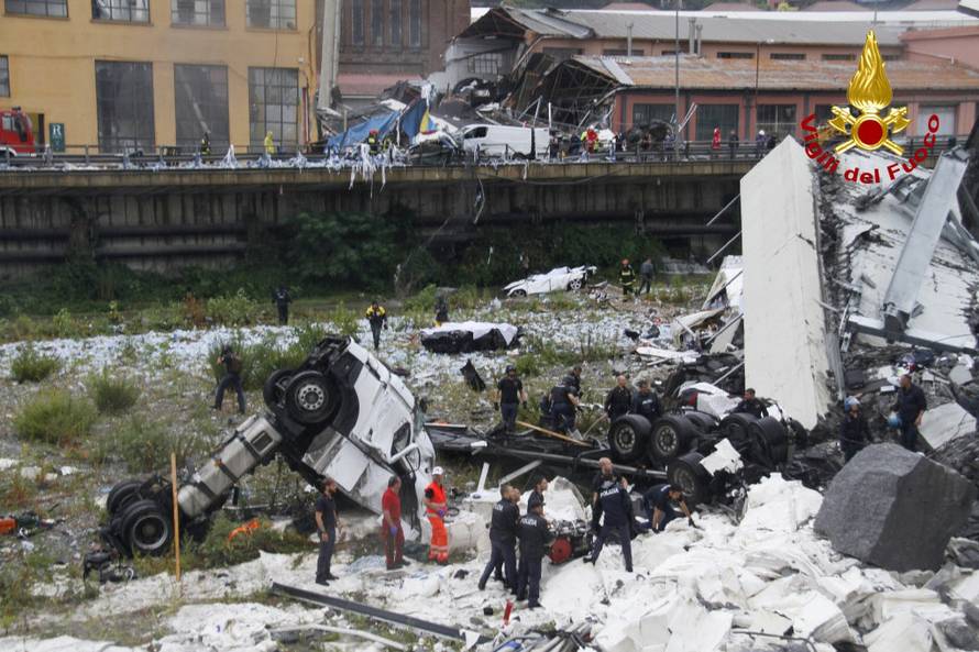 The collapsed Morandi Bridge is seen in the Italian port city of Genoa in this picture released by Italian firefighters