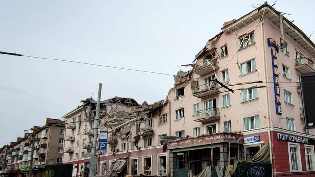 A view shows hotel ‘Ukraine’ destroyed during an air strike in central Chernihiv