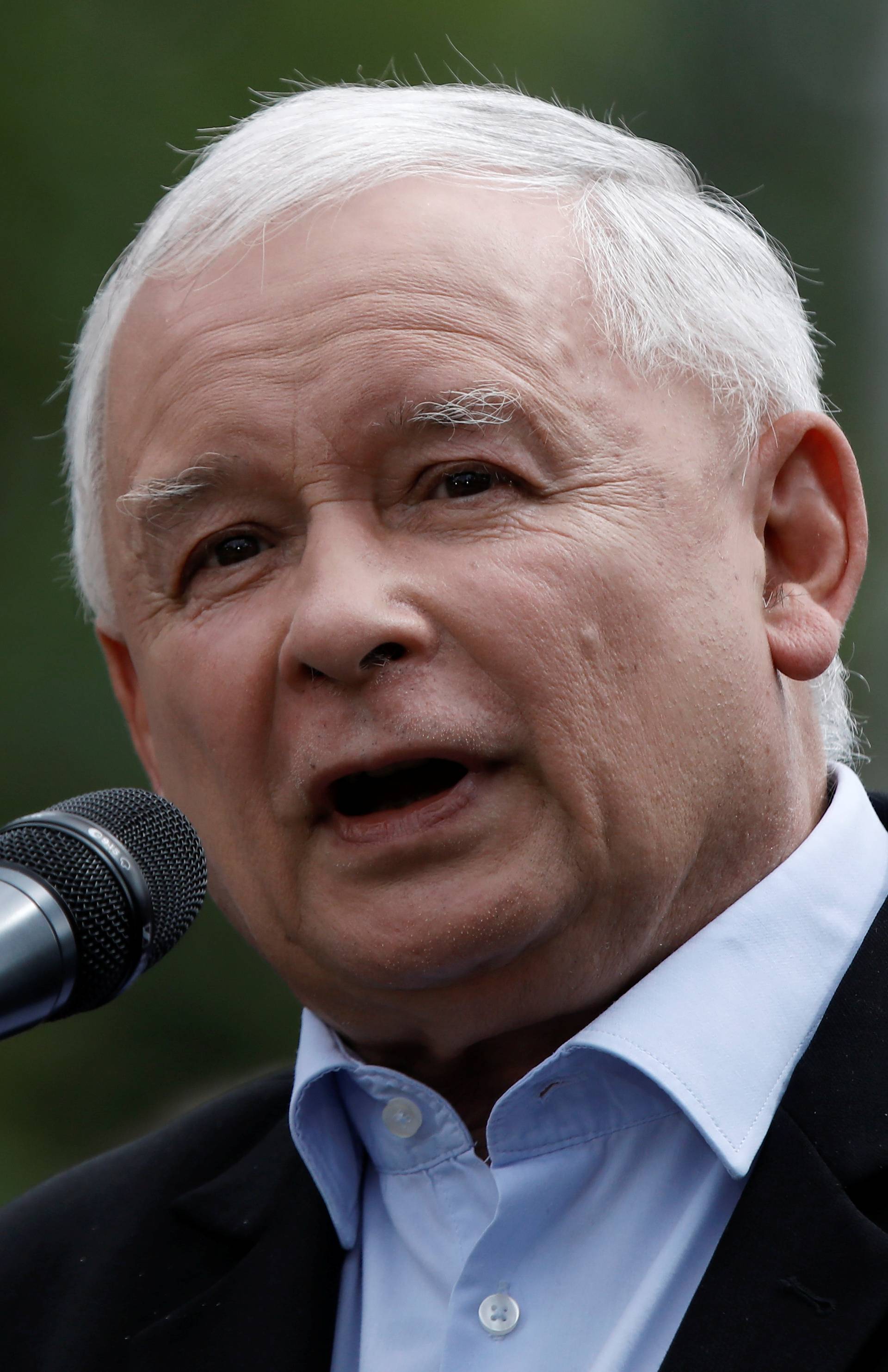 Law and Justice (PiS) leader Jaroslaw Kaczynski speaks during an election meeting in Stalowa Wola