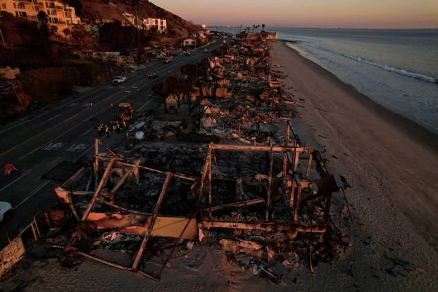 Drone view of Malibu neighborhood destroyed by Palisades Fire in Los Angeles
