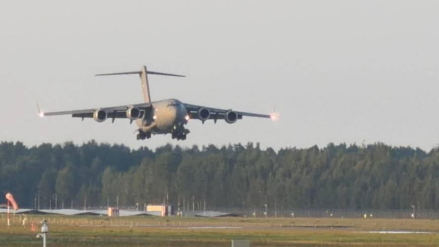 A C-17 Globemaster, believed to be carrying U.S. CIA Director John Ratcliffe, lands near Riga, Latvia