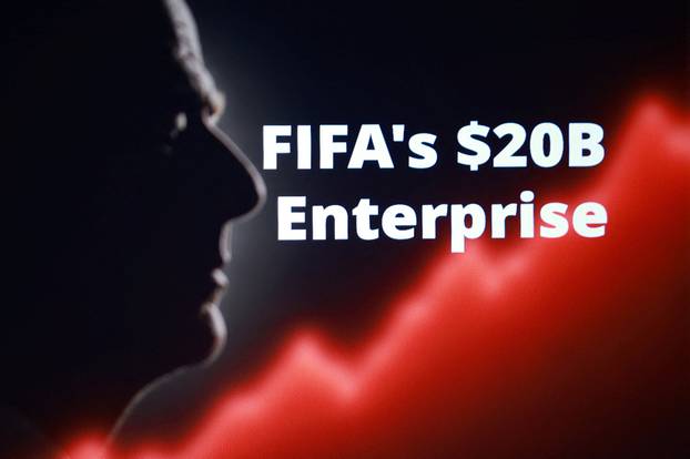Illustration shows silhouette of Gianni Infantino, FIFA President, words "FIFA's $20B Enterprise" and rising stock grap
