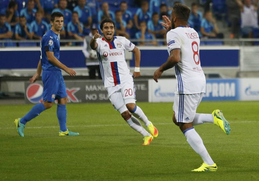 Olympique Lyon's Corentin Tolisso celebrates after scoring against Dinamo Zagreb
