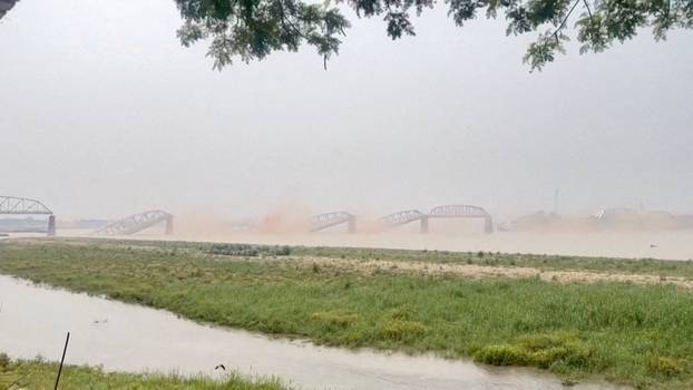 A general view of collapsed Ava bridge following the earthquake in Mandalay