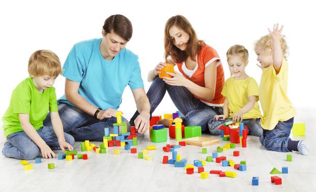 Family and Kids Playing Building Blocks, Parents with Children P