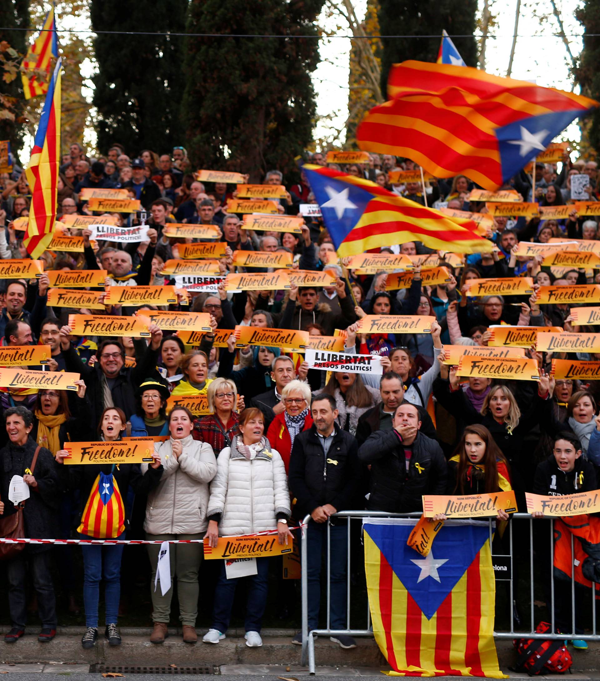 Protesters take part in a demonstration called by pro-independence asociations asking for the release of jailed Catalan activists and leaders, in Barcelona