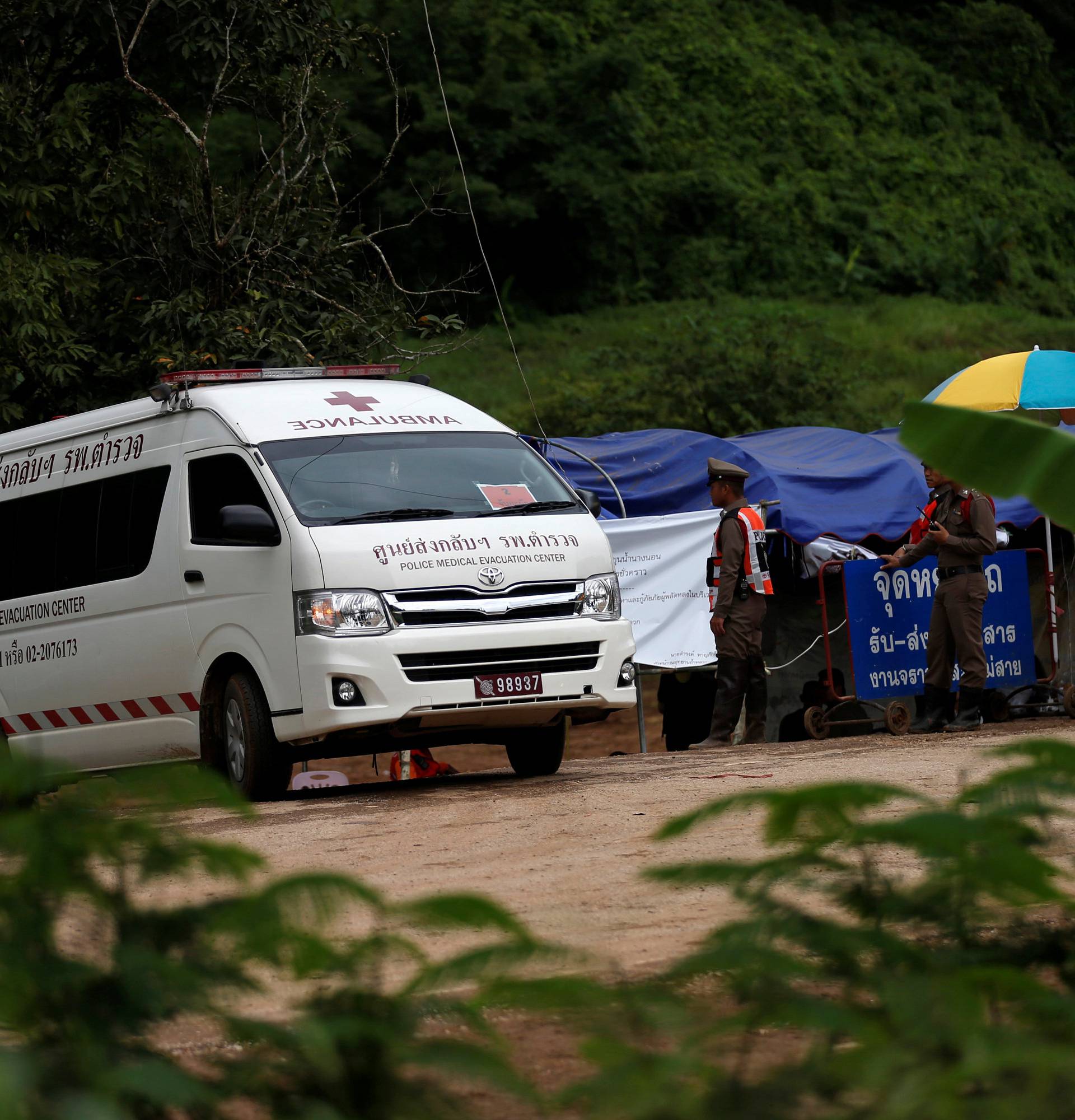 An ambulance seen  near the Tham Luang cave complex in the northern province of Chiang Rai