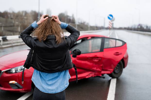 Woman,Stands,Near,A,Broken,Car,After,An,Accident.,Call