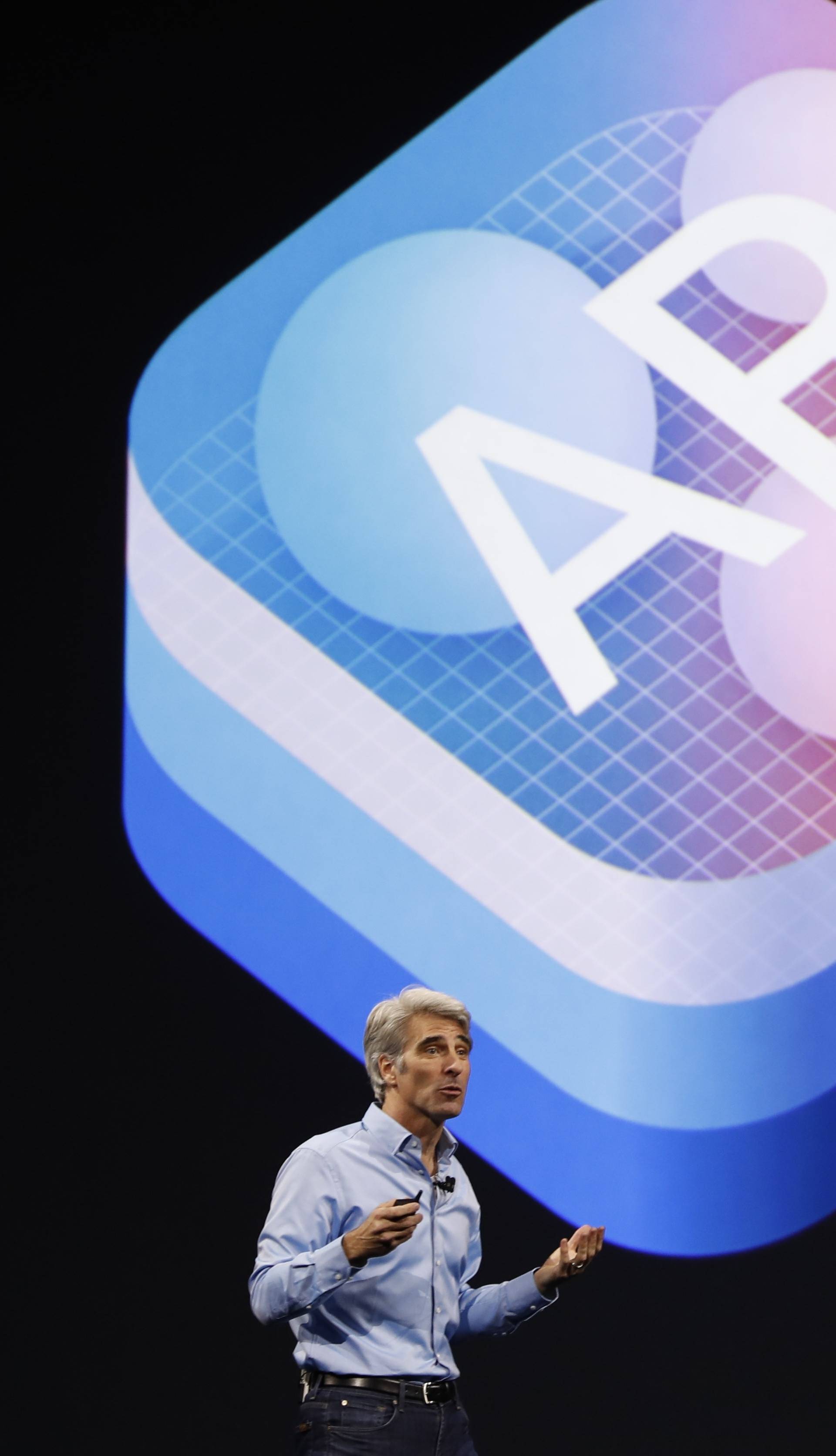 Craig Federighi, Senior Vice President Software Engineering speaks during Apple's annual world wide developer conference (WWDC) in San Jose