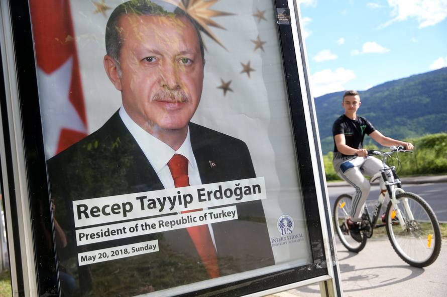Turkey's President Tayyip Erdogan poster is seen in front of the International University of Sarajevo