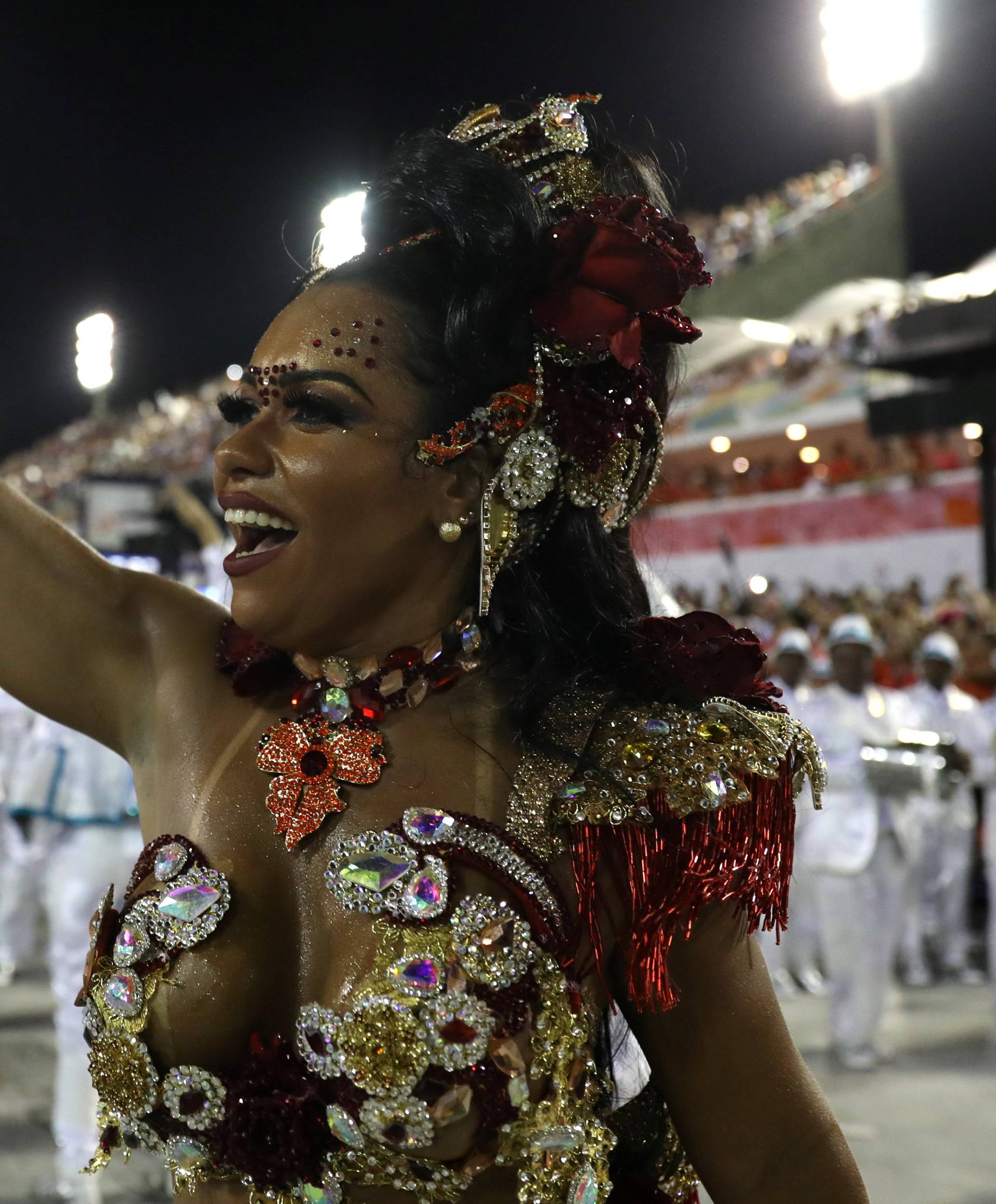 Drum queen Raissa de Oliveira from Beija-Flor samba school performs during the second night of the Carnival parade at the Sambadrome in Rio de Janeiro