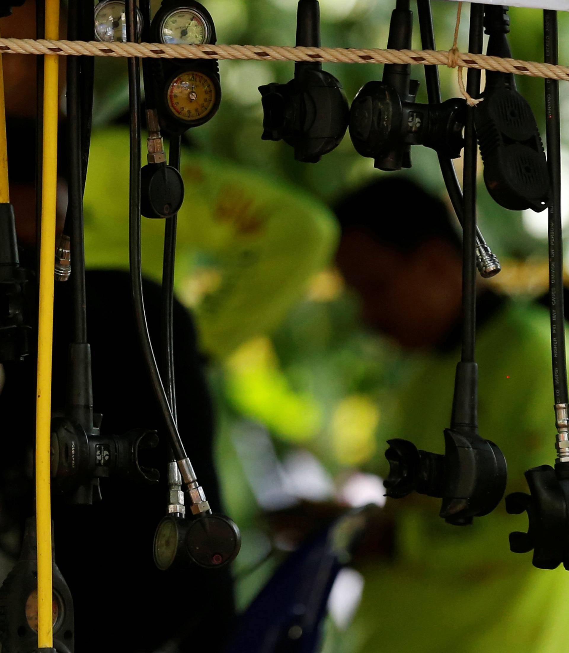 Divers equipment is seen near Tham Luang cave complex, as an ongoing search for members of an under-16 soccer team and their coach continues, in the northern province of Chiang Rai