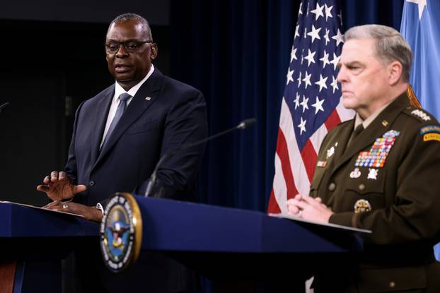 U.S. defense chiefs Austin and Milley discuss military mission in Afghanistan during news conference at the Pentagon in Washington