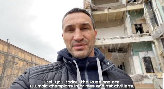 Ukrainian former boxer Wladimir Klitschko gives a statement in response to IOC President Thomas Bach