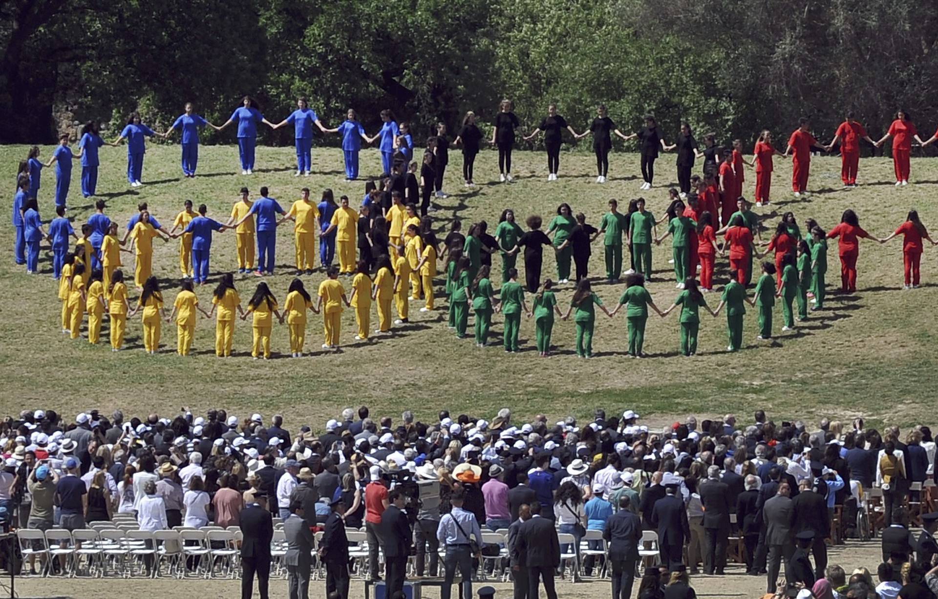 A general view of the Olympic flame lighting ceremony for the Rio 2016 Olympic Games inside the ancient Olympic Stadium on the site of ancient Olympia