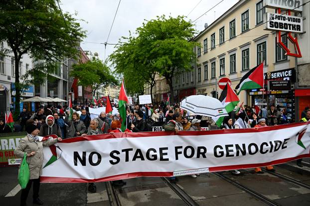 People attend a protest against Israel's participation in the Eurovision Song Contest