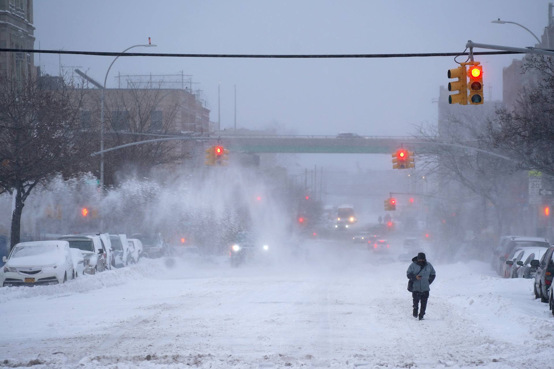 Snow falls during a Nor'easter storm amid the coronavirus disease (COVID-19) pandemic in New York