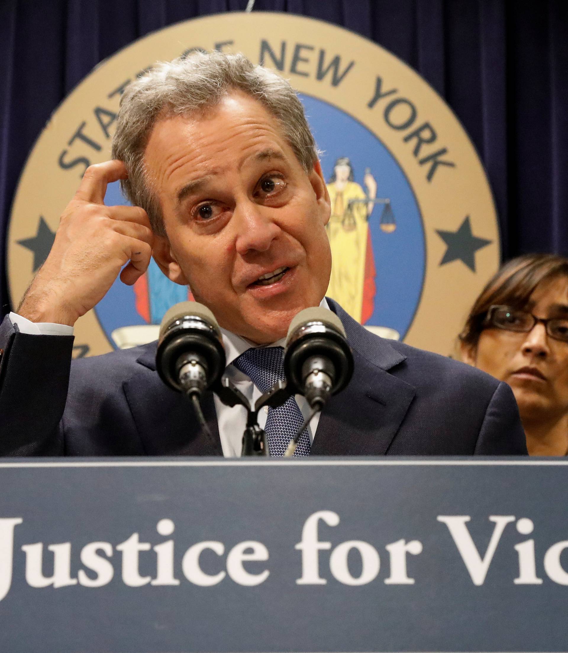 New York Attorney General Eric Schneiderman speaks during a news conference to discuss the civil rights lawsuit filed against The Weinstein Companies and Harvey Weinstein in New York