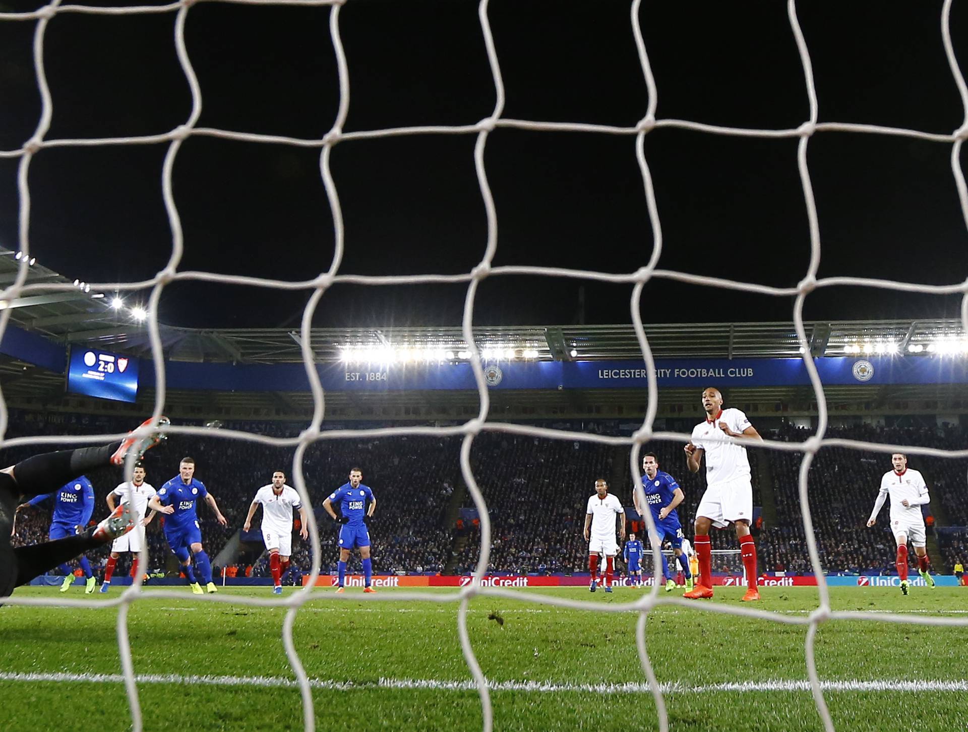 Sevilla's Steven N'Zonzi has his penalty saved by Leicester City's Kasper Schmeichel