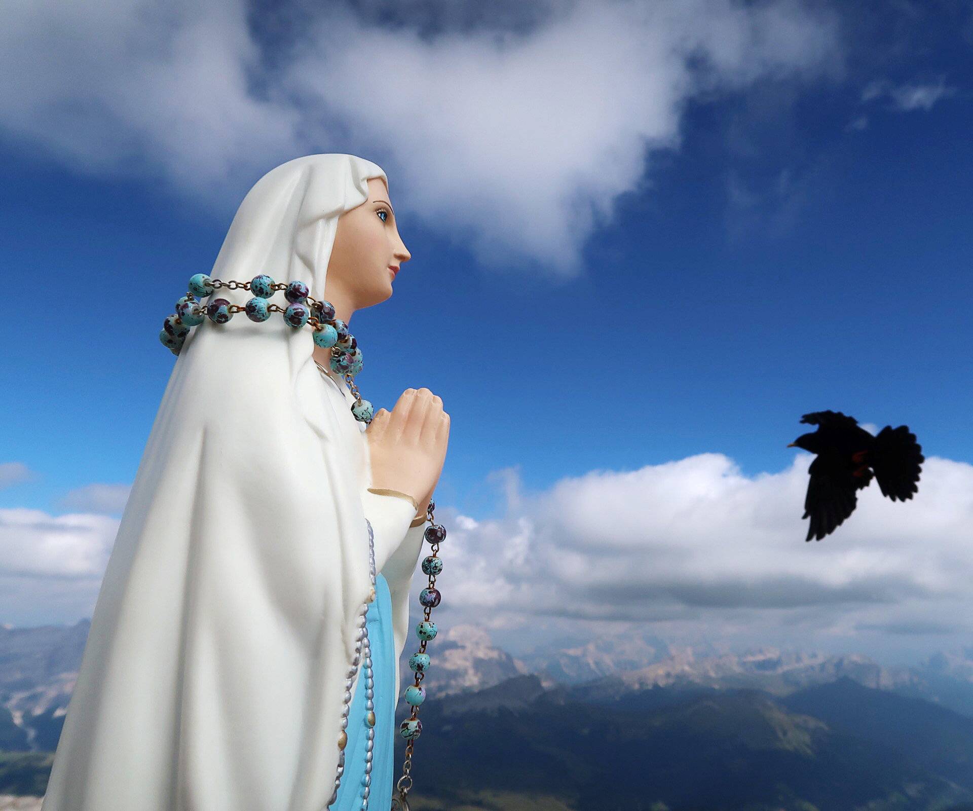 A mountain jackdaw flies past a little praying Madonna statue on top of the Piz Boe mountain in the Dolomites Alpine region near Arabba