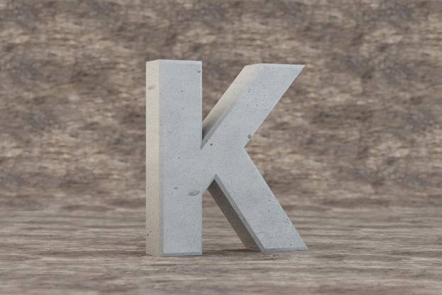 Concrete 3d letter K uppercase. Hard stone letter on wooden background. 3d rendered font character.
