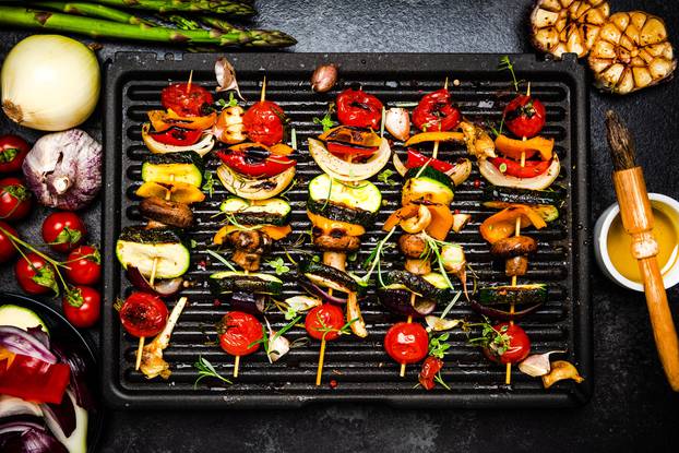 BBQ Grill Vegetables Skewers with Herbs and Spices. Colorful Hel
