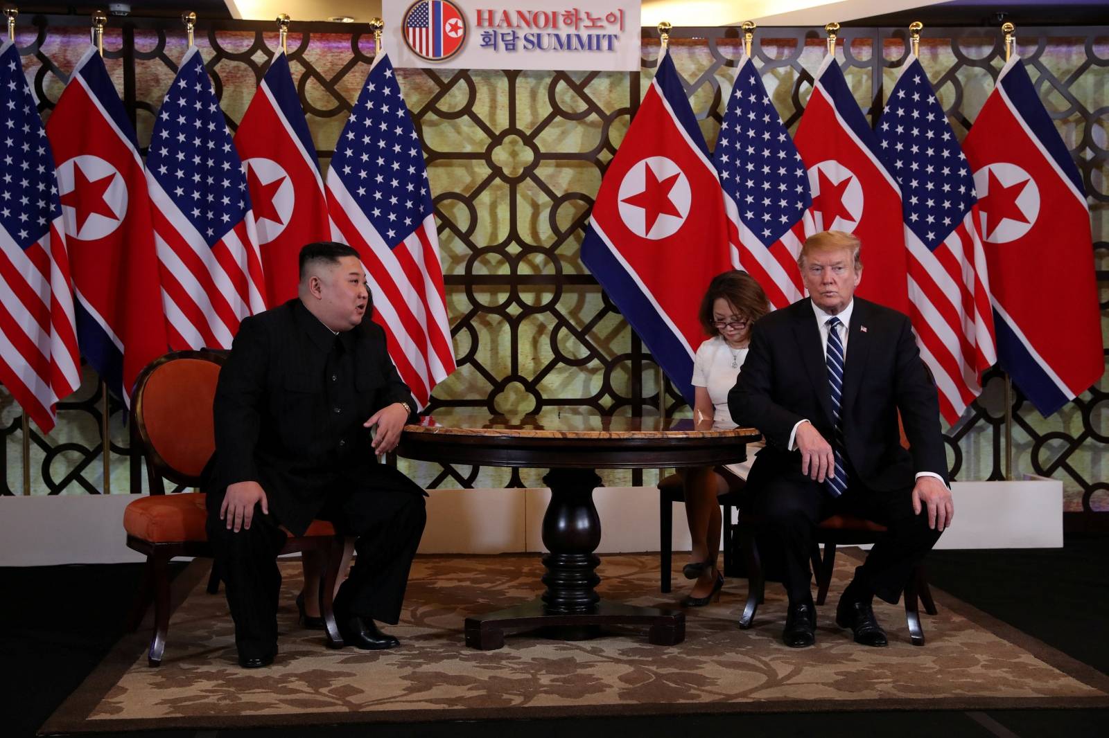 U.S. President Donald Trump participates in a one-on-one bilateral meeting with North Korean leader Kim Jong Un at the Metropole hotel during the second North Korea-U.S. summit in Hanoi